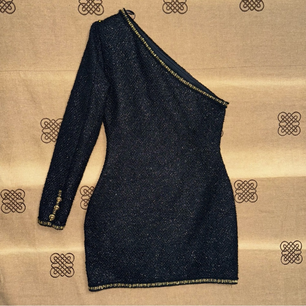 Zara NWT! Black/Gold Asymmetric Textured Shoulder Pad Mini Dress Size S - Picture 10 of 15